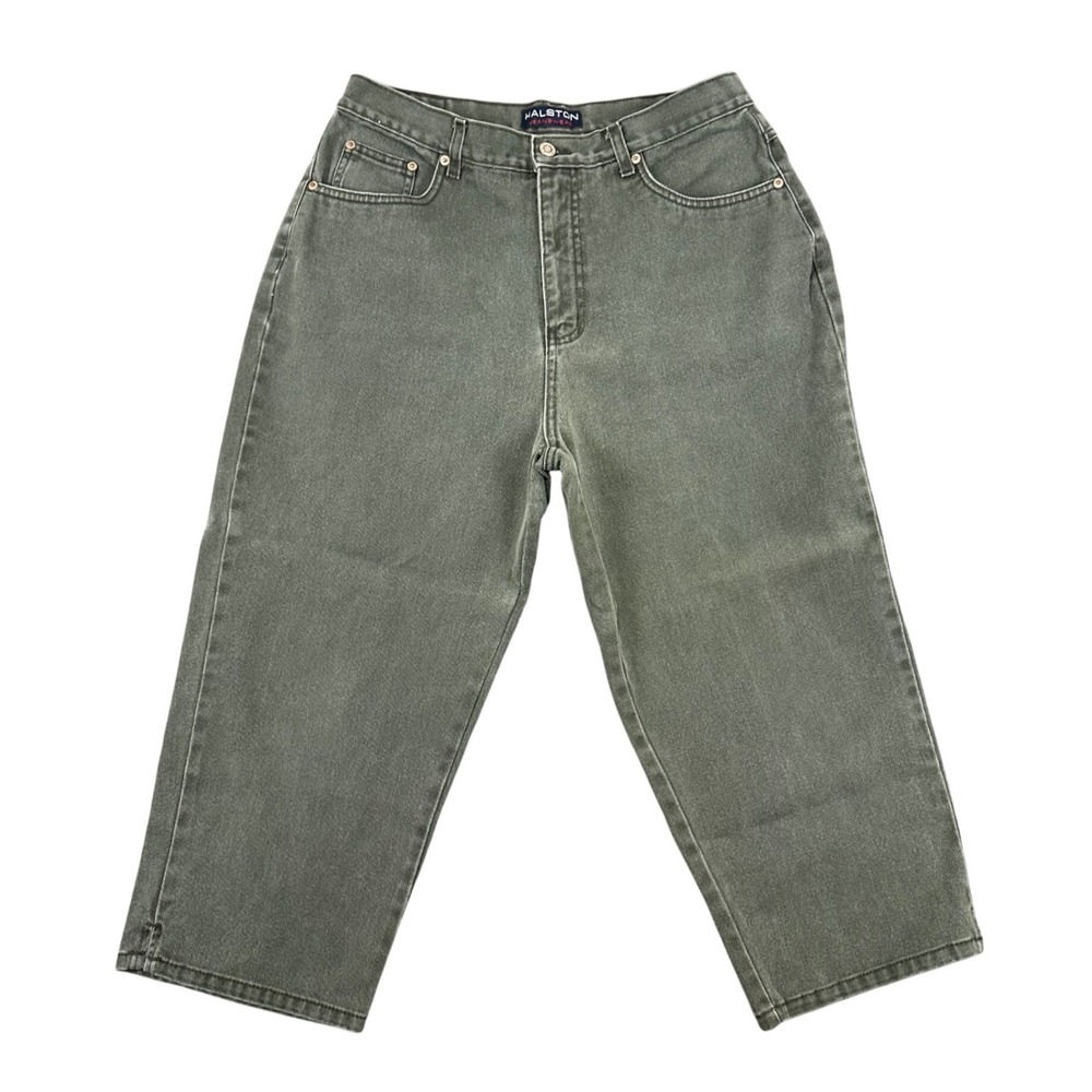 Vintage 90s Halston Jeanswear Jeans Womens 14 Straight Leg Olive Green Cropped